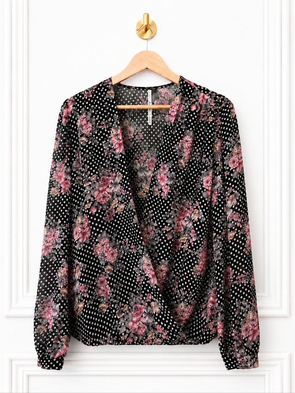 Bellatrix | Romantic Floral Semi-Sheer Wrap Blouse Black Pink | Size Medium - Picture 6 of 11